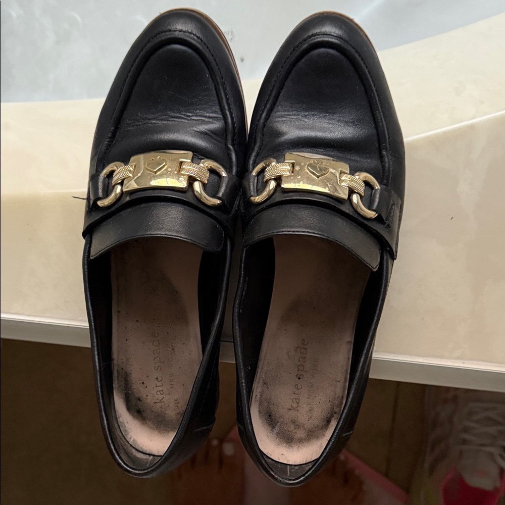 Kate Spade Black Loafers with Gold Chain Detail